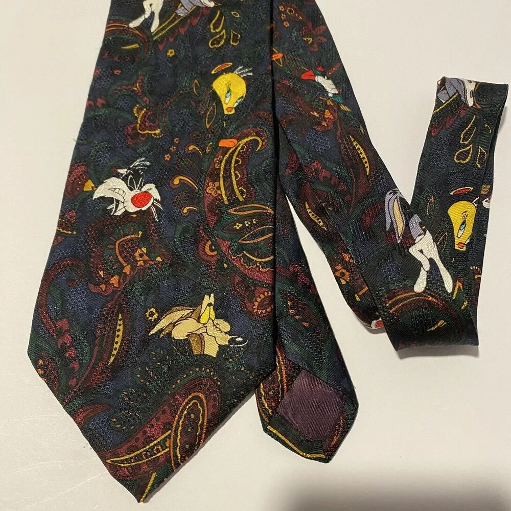 Vintage Looney Tunes Silk Tie Warner Bro Taz Daffy Bugz Sylvester‎ 90s Business